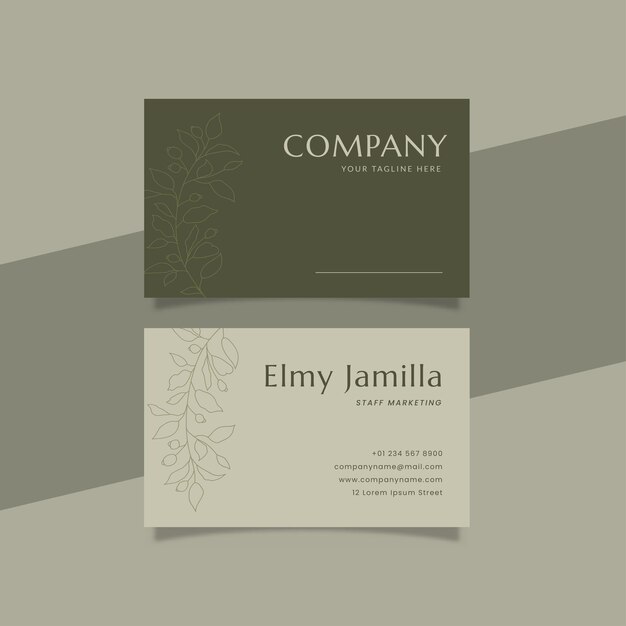 Vector printable luxury business card template decorated with foliage and green cream color background