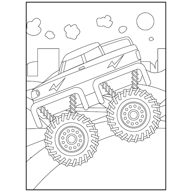 Disegni da colorare di monster truck stampabili per bambini vettore premium