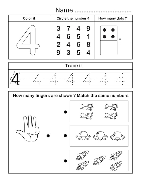 幼稚園の生徒で数えたり書いたりする練習用の印刷可能な第4トレースワークシート