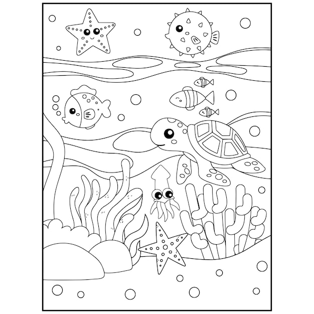 子供のための印刷可能な海の動物の着色のページプレミアムベクトル