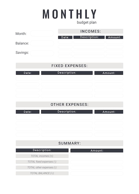 Printable personal monthly budget planner vector illustration