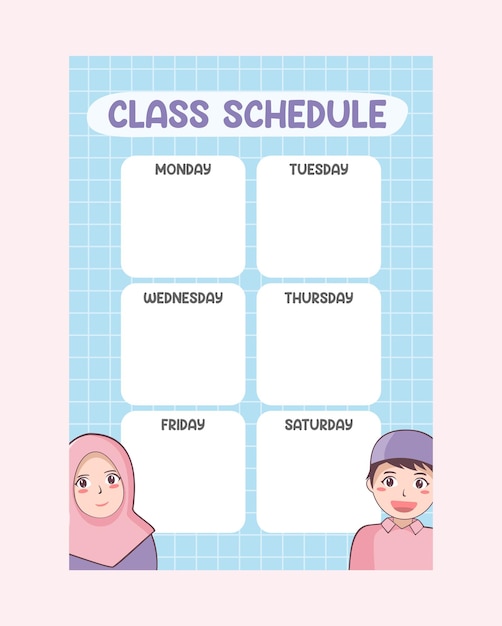 Printable template school schudule timetable class with cute kids muslim vector illustration