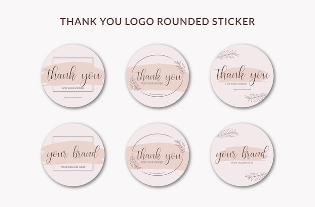 Printable Thank You Rounded Sticker and Logo Sticker Decorated with Handwriting Font Pink Brush Watercolor and Botanical Frame Suitable for Small Online Business Beauty Fashion Cosmetic Branding