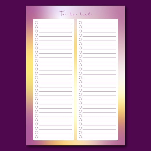 ベクトル 紫と黄色のグラデーションの背景を使用して印刷可能なtodoリスト