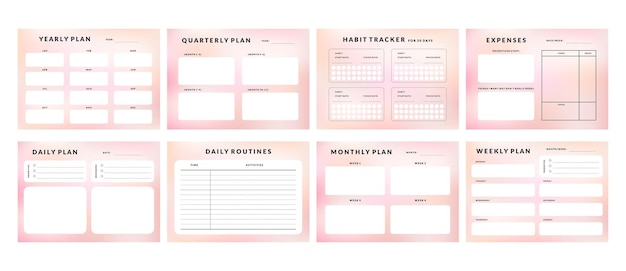 Printable Weekly Monthly Planner, Notepad, Memo, Habit Tracker, Gradient Journal Template Set