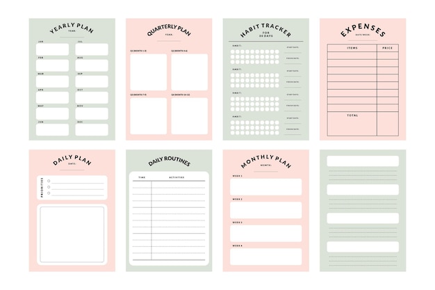 Printable weekly monthly planner, notepad, memo, habit tracker, vector journal template collection