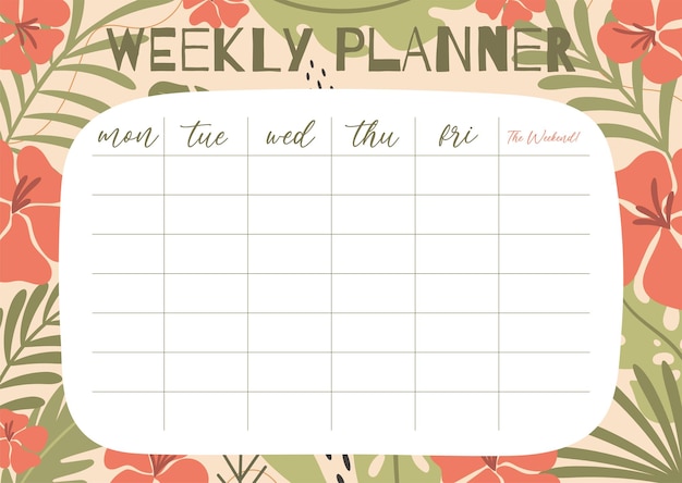 Printable weekly planner concept with tropical exotic background Vector illustration