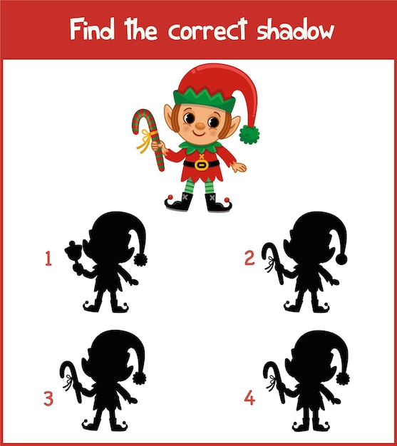 Vector printable worksheet for preschool children in elf shadow match theme vector illustration