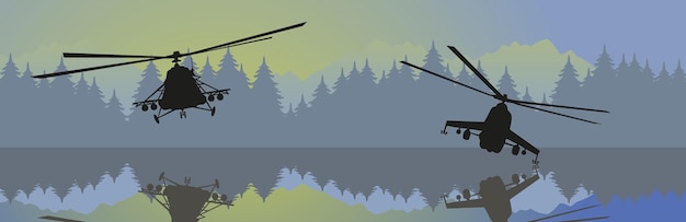 Vector printagainst the background of nature silhouettes of flying military equipment helicopters fly over the river