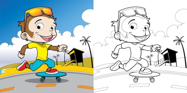 Printcoloring book illustration of a monkey who is skateboarding on the beach