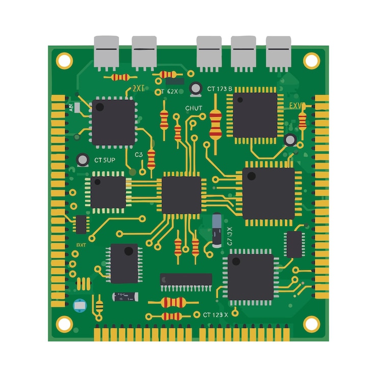 Vector printed circuit board electronic components green solder mask technology illustration