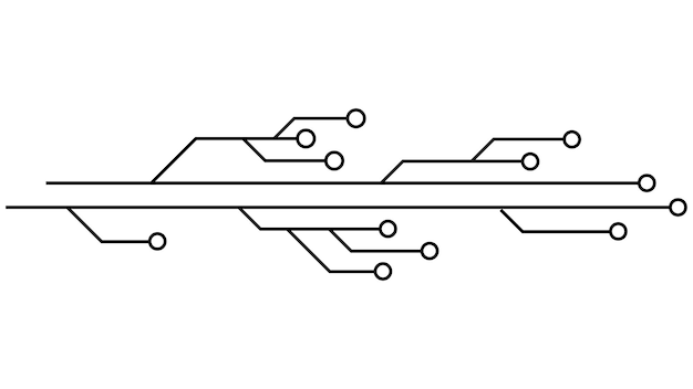 벡터 인쇄 회로 보드 (pcb) - 색 바탕에 고립된 pcb 트랙, 끝에 선과 고리를 가진 기술 클리파트, 디자인을 위한 분리기, 터 디자인 요소