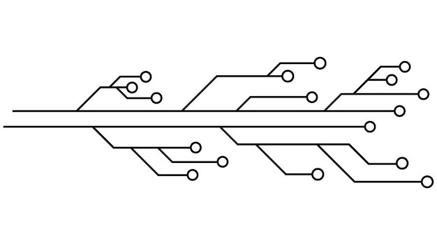 Vector printed circuit board pcb tracks isolated on white background technical clipart with lines and rings at the ends dividers for design design element