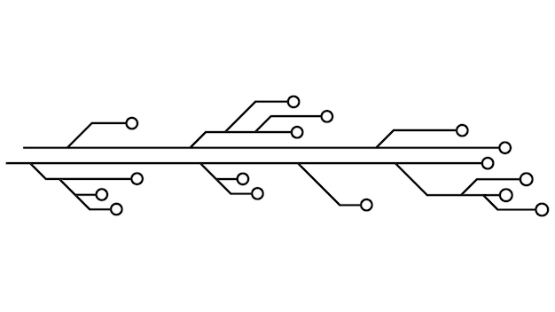 Vettore circuito stampato tracce pcb isolate su sfondo bianco clipart tecnico con linee e anelli alle estremità divisori per il design elemento di design