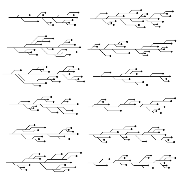 Printed circuit board PCB tracks isolated on white background Technical clipart with lines and rings at the ends Dividers for design Design element