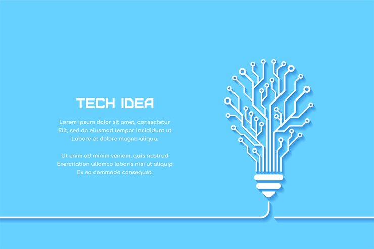 Vector printed circuit board template with light bulb on blue