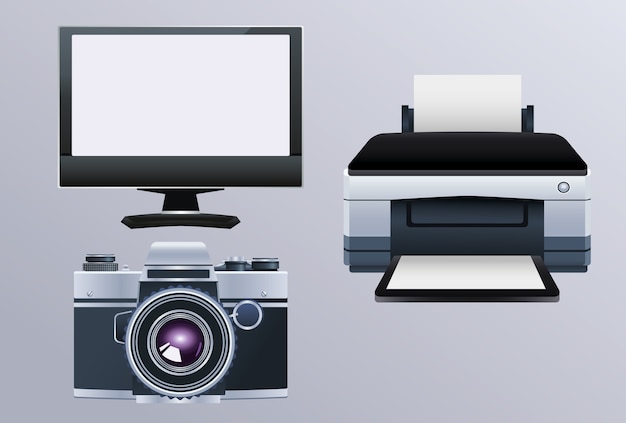 Vettore macchina hardware stampante con monitor e fotocamera