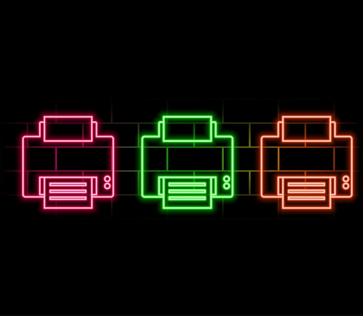 Vector printer neon label vector illustration of electronics promotionpink