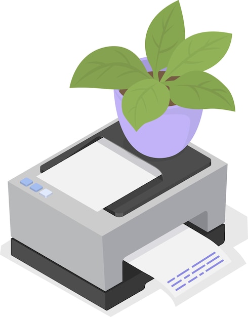 Vettore stampante con carta e pianta per la casa in pentola macchina di copia laser per ufficio o per la casa elettrodomestica per attrezzature da ufficio per la copia di documenti personali e la stampa di foto dispositivo multifunzionale