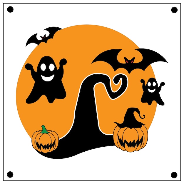 Vector printhalloween illustration vector design with black bat pumpkin ghostwitch hat and moon