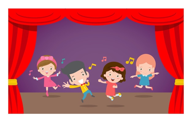 Vettore bambini felici che ballano e saltano sul palco