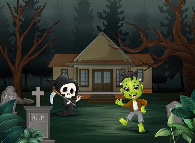 Vector printhappy halloween frankenstein and grim reaper