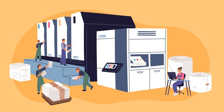 Vector printhouse workers newspaper or magazine publication periodical printing publishing people work on polygraphy machines typography equipment press office garish vector concept