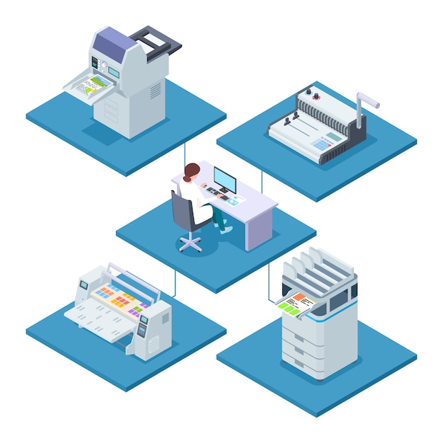 Printing house with woman operator isometric vector concept