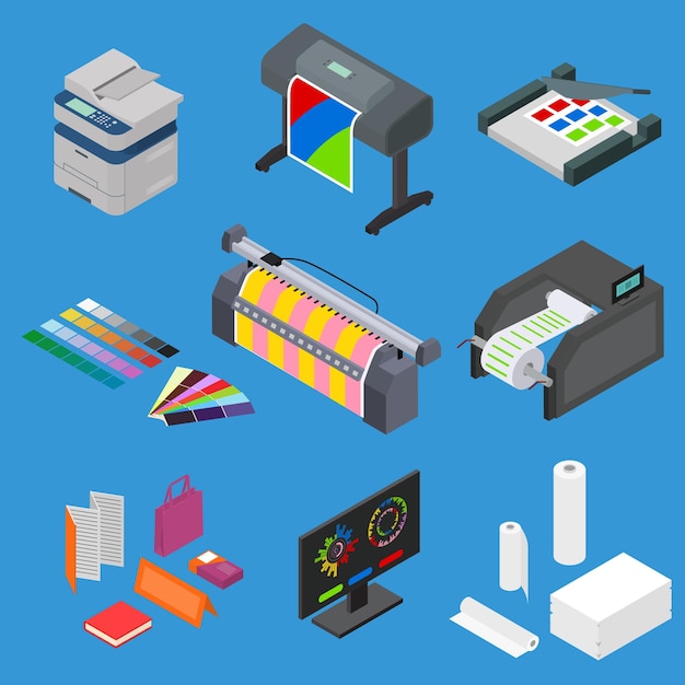 Vector printing signs 3d icons set isometric view vector