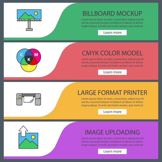 Printing web banner templates set. Polygraphy and typography. Billboard mockup, cmyk color model, large format printer, image uploading. Website color menu items. Vector headers design concepts