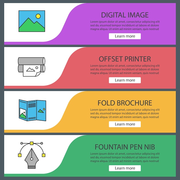 Printing web banner templates set. Polygraphy and typography. Digital image, offset printer, folded brochure, fountain pen nib. Website color menu items. Vector headers design concepts