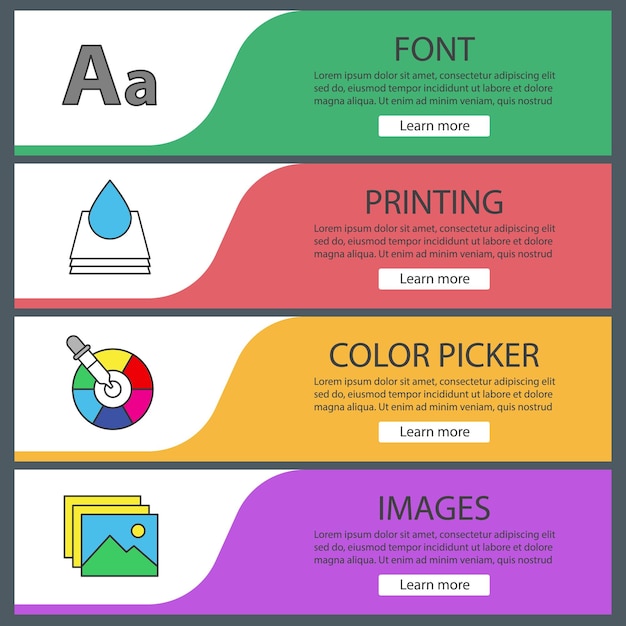 printing web banner templates set. polygraphy and typography. font, paper pages with drop, color picker, images. website color menu items. vector headers design concepts