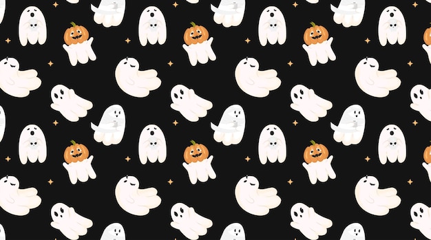 Printpattern with funny ghosts on a black background Cute flying souls halloween characters Ghost