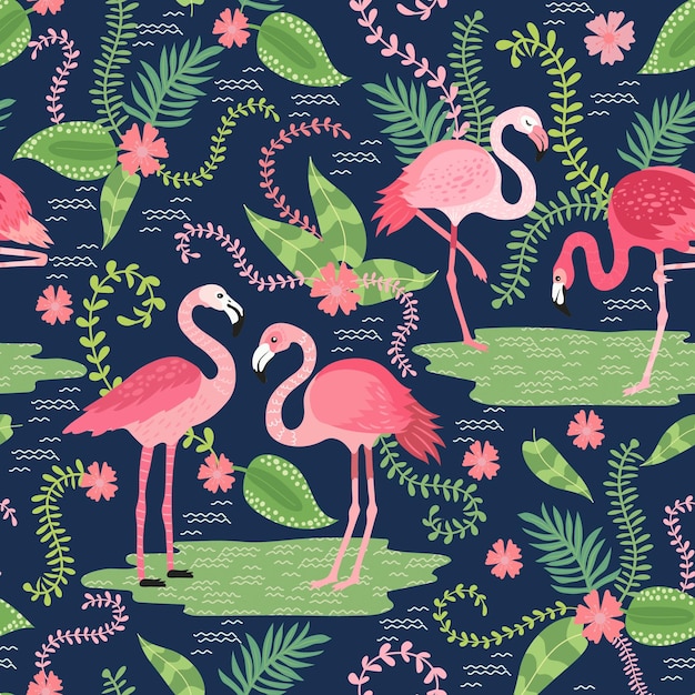 Printpink flamingos in different poses seamless pattern vector image