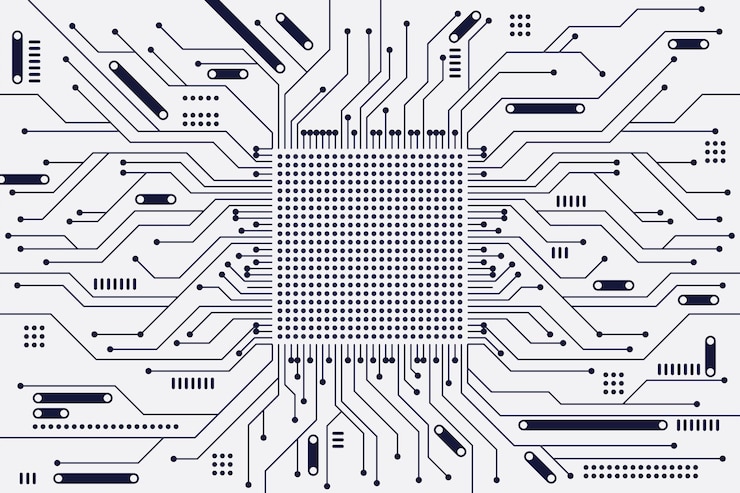 Vector printplaat micro-elektronica achtergrond met zwarte en witte kleur horizontaal formaat