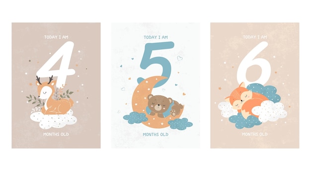 Vector prints featuring cute sleeping animals by month baby number cards for newborns 4, 5, 6 months old.