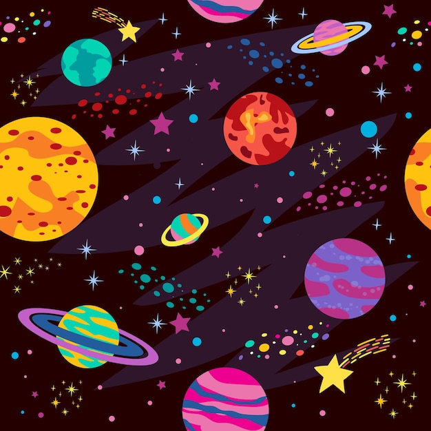 Бесшовный узор с космическими объектами, планетами, ракетами в мультяшном стиле, векторное изображение