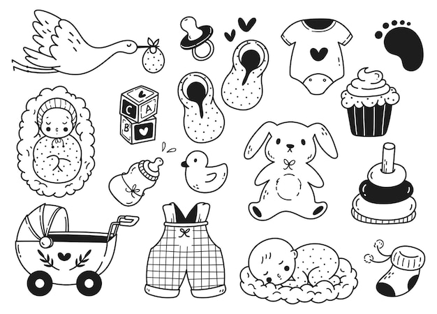 Vector printset of cute baby accessories doodle line art