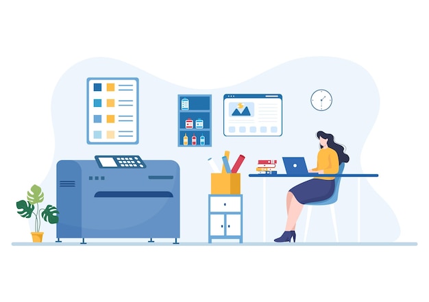 Printshopillustratie met productieproces bij drukkerij en machines voor bedrijfsbestand