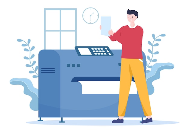 Printshopillustratie met productieproces bij drukkerij en machines voor bedrijfsbestand