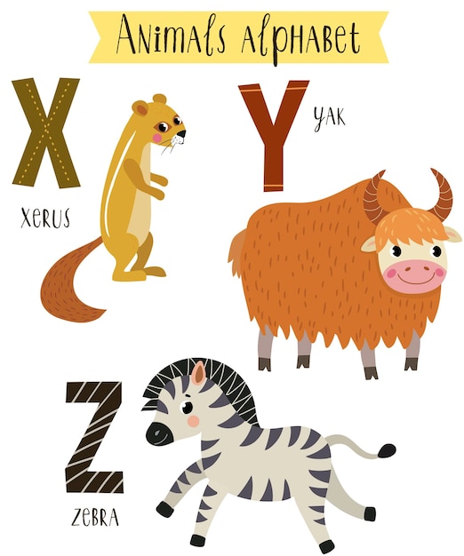 Vector printvector illustration of cute animals from x to z children's alphabet in pictures