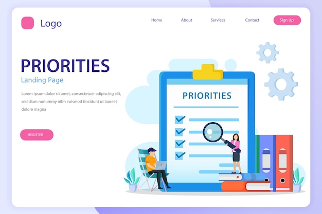 Priorities landing page website flat vector template