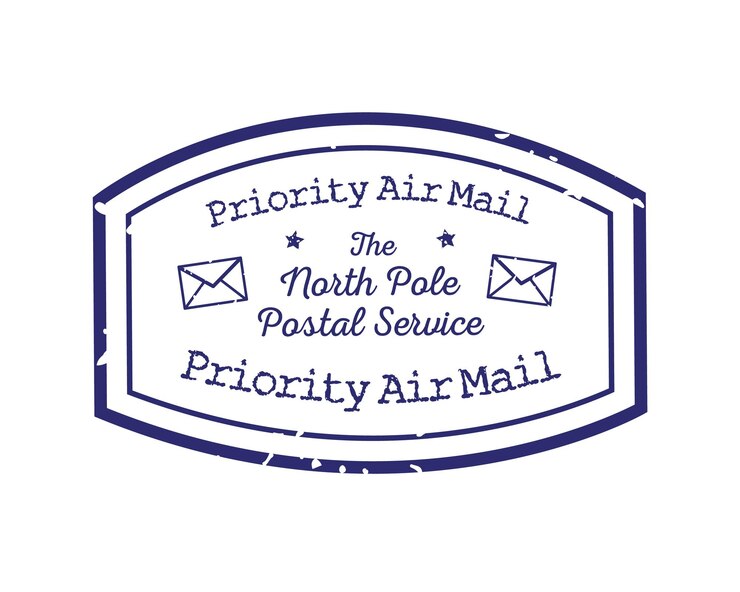 Vector priority air mail the north pole postal service grunge rubber stamp design with white background