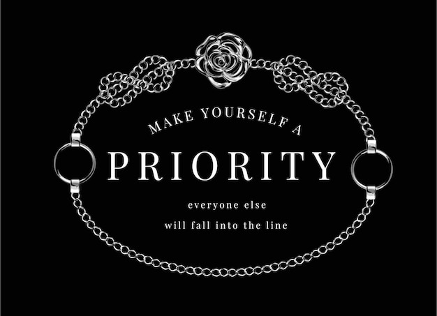 Vector priority slogan in circle silver chain lace frame on black background