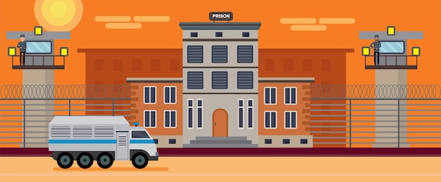 Vector prison building in the desert. vector cartoon flat design illustration isolated on white background.