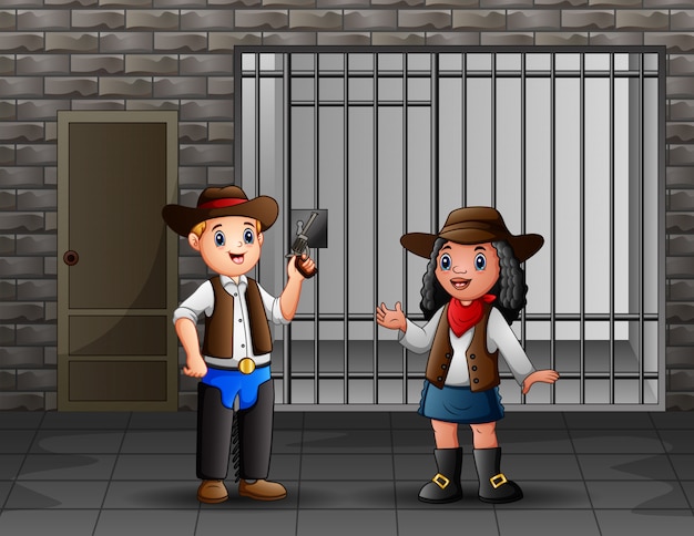 Vector prison interior with prisoners and police officers