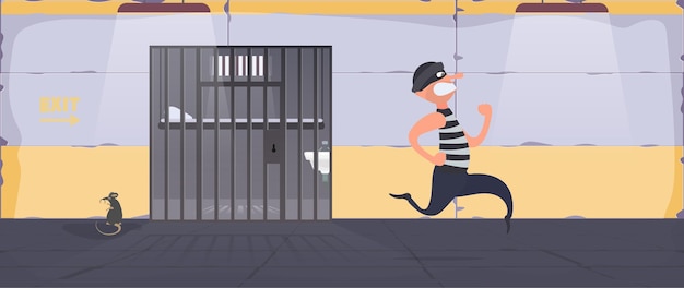 A prisoner escapes from prison. Escape the criminal. Policeman runs after the criminal. Cartoon style. Vector.