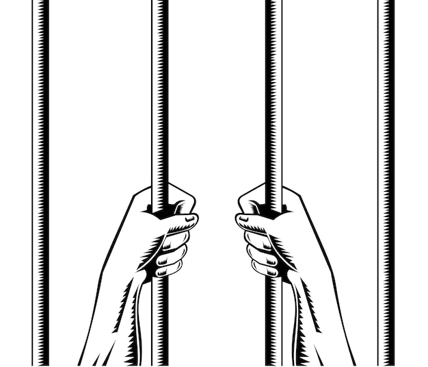 Mani del prigioniero che afferrano le sbarre della prigione in stile retrò intaglio in legno