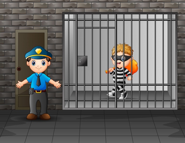 Prisoner in the jail being guarded by prison guards