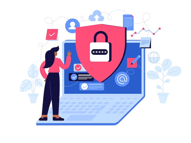 Privacy policy concept Guard shield padlock with password on huge laptop screen Account access data protection cloud storage Woman working at security service Vector character illustration